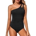 thumbnail image 1 of SOMER One Shoulder One Piece Swimsuit for Women Tummy Control Bathing Suits Modest Full Coverage Keyhole Swimwear, Black, 1 of 9
