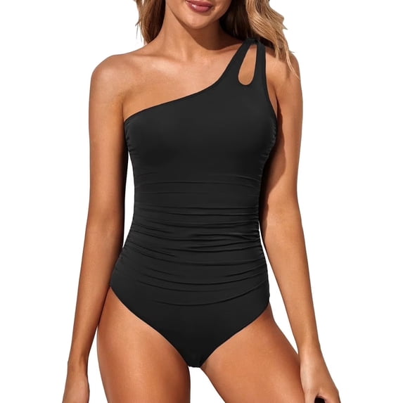 SOMER One Shoulder One Piece Swimsuit for Women Tummy Control Bathing Suits Modest Full Coverage Keyhole Swimwear, Black
