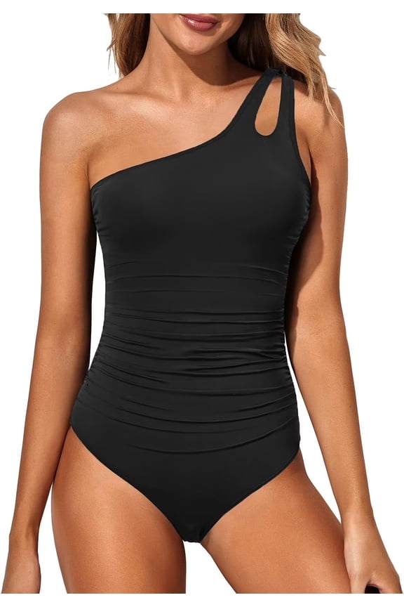 One Shoulder One Piece Swimsuit for Women Tummy Control Bathing Suits Modest Full Coverage Keyhole Swimwear, Black
