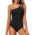 thumbnail image 1 of SOMER One Shoulder One Piece Swimsuit for Women Tummy Control Bathing Suits Modest Full Coverage Keyhole Swimwear, Black, 1 of 6