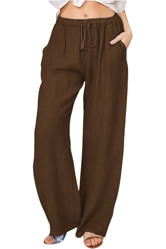 Pants for Women Flowy Casual Drawstring Waist Wide Leg Loose Linen Palazzo Pants with Pocket Wine Red