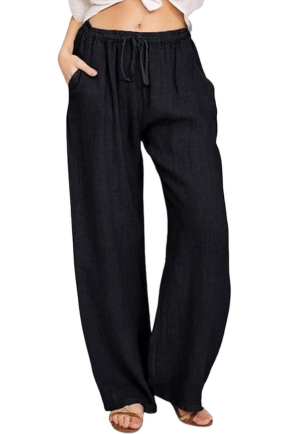 Pants for Women Flowy Casual Drawstring Waist Wide Leg Loose Linen Palazzo Pants with Pocket Black