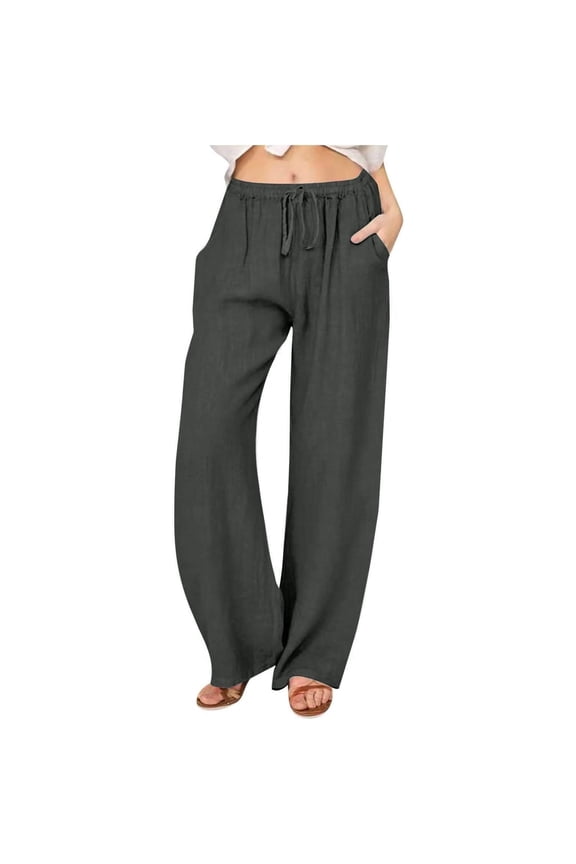 Pants for Women Flowy Casual Drawstring Waist Wide Leg Loose Palazzo Pants with Pocket Green Gray