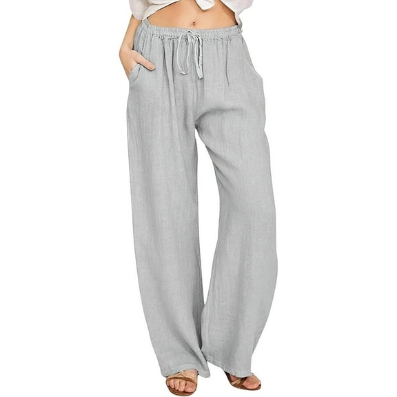 SOMER Pants for Women Flowy Casual Drawstring Waist Wide Leg Loose Linen Palazzo Pants with Pocket Grey