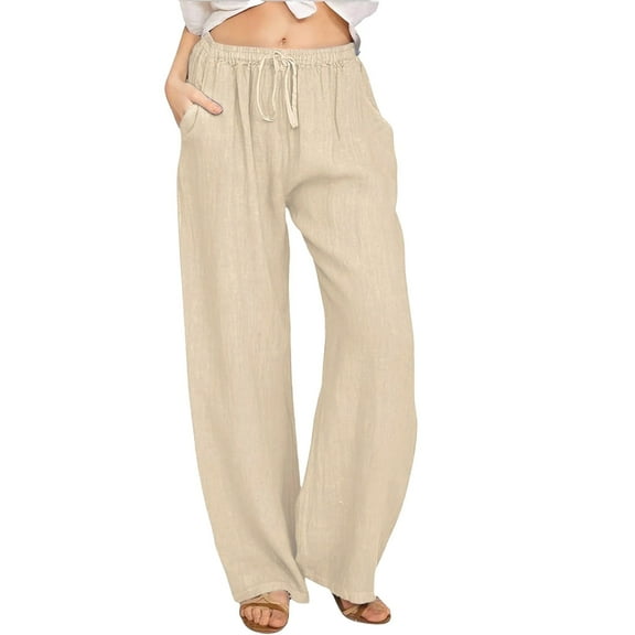 SOMER Pants for Women Flowy Casual Drawstring Waist Wide Leg Loose Linen Palazzo Pants with Pocket Khaki