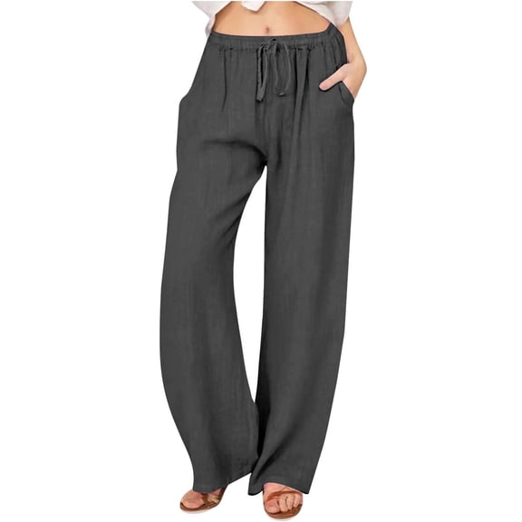 SOMER Pants for Women Flowy Casual Drawstring Waist Wide Leg Loose Linen Palazzo Pants with Pocket Dark Gray
