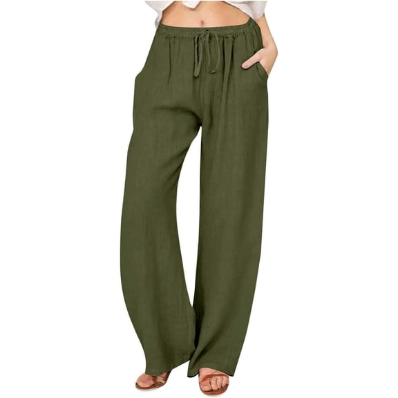 SOMER Pants for Women Flowy Casual Drawstring Waist Wide Leg Loose Linen Palazzo Pants with Pocket Dark Green