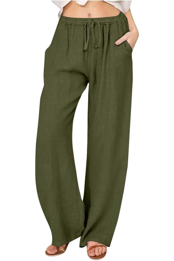 Pants for Women Flowy Casual Drawstring Waist Wide Leg Loose Linen Palazzo Pants with Pocket Dark Green