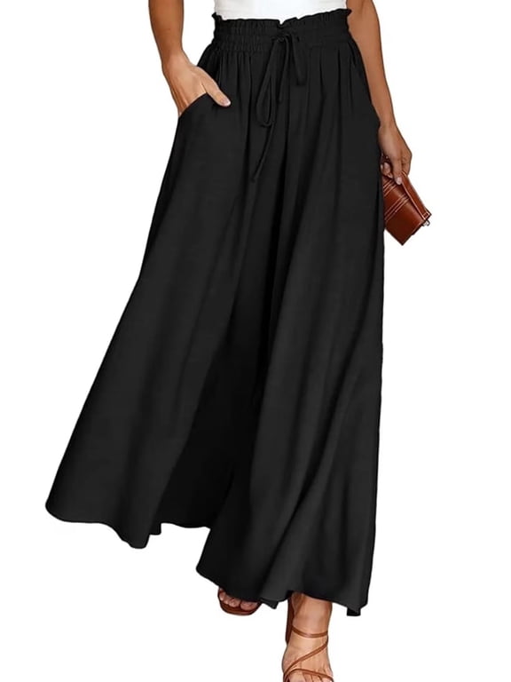 Pants for Women Flowy Dressy Pant Casual Wide Leg Palazzo Pants Elastic High Waist with Pocket BlackSummer