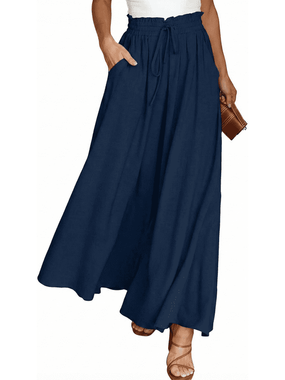Pants for Women Flowy Dressy Pant Casual Wide Leg Palazzo Pants Elastic High Waist with Pocket Navy BlueSummer