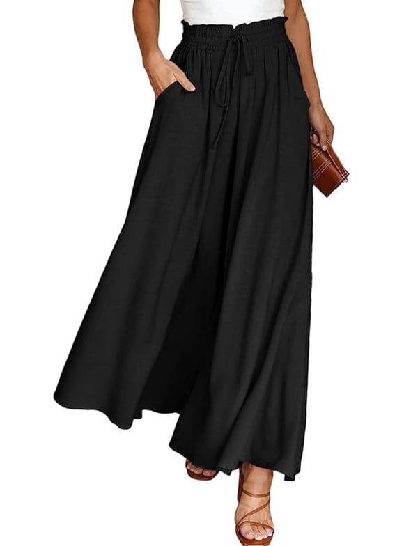 Pants for Women Flowy Dressy Casual Elastic High Waist Wide Leg Palazzo Pants with Pocket Black
