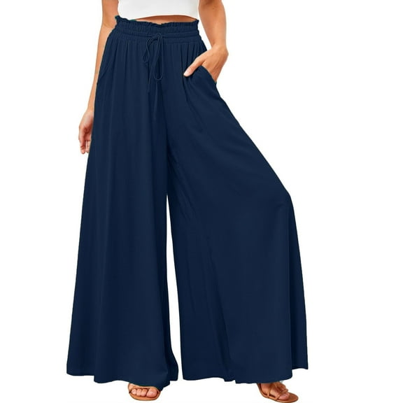 SOMER Pants for Women Flowy Dressy Casual Elastic High Waist Wide Leg Palazzo Pants with Pocket Navy Blue