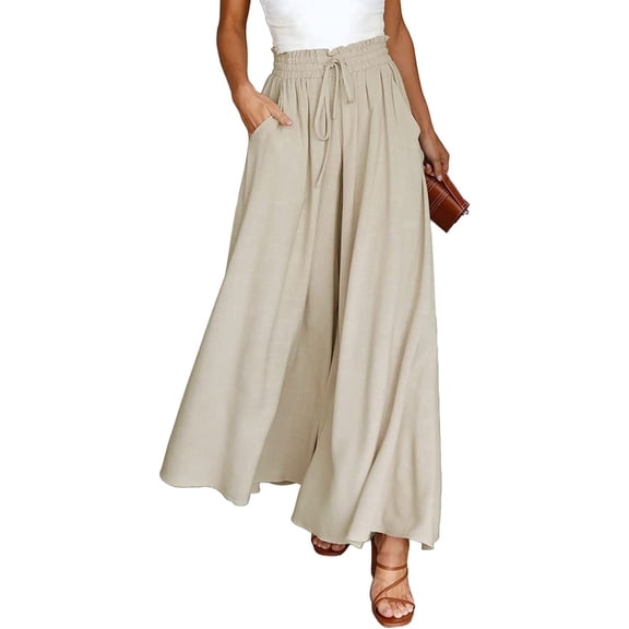 SOMER Pants for Women Flowy Dressy Casual Elastic High Waist Wide Leg Palazzo Pants with Pocket Beige