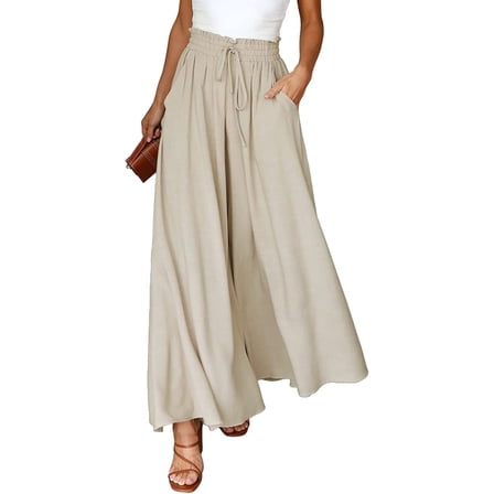 SOMER Pants for Women Flowy Dressy Casual Elastic High Waist Wide Leg Palazzo Pants with Pocket Beige