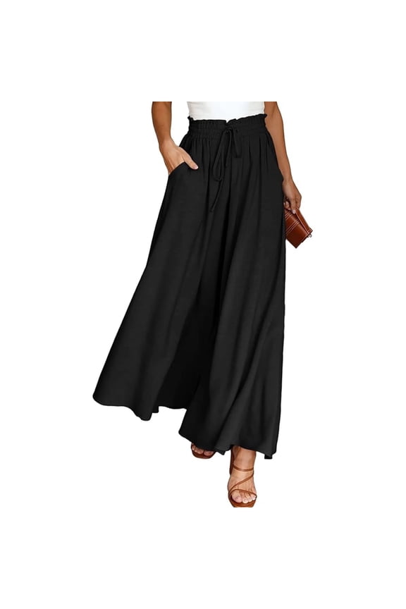 Pants for Women Flowy Dressy Pant Casual Wide Leg Palazzo Pants Elastic High Waist with Pocket BlackSummer