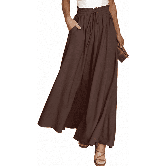 SOMER Pants for Women Flowy Dressy Casual Elastic High Waist Wide Leg Palazzo Pants with Pocket Brown