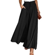 SOMER Pants for Women Flowy Dressy Pant Casual Wide Leg Palazzo Pants Elastic High Waist with Pocket BlackSummer