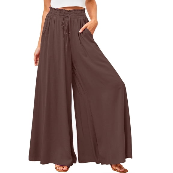 SOMER Pants for Women Flowy Dressy Casual Elastic High Waist Wide Leg Palazzo Pants with Pocket Brown