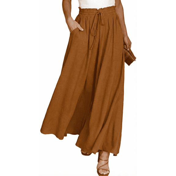 SOMER Pants for Women Flowy Dressy Casual Elastic High Waist Wide Leg Palazzo Pants with Pocket Dark Yellow