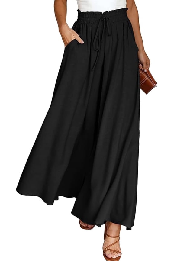 Pants for Women Flowy Dressy Casual Elastic High Waist Wide Leg Palazzo Pants with Pocket Black