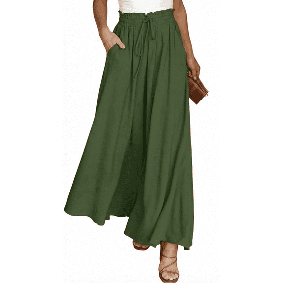 SOMER Pants for Women Flowy Dressy Casual Elastic High Waist Wide Leg Palazzo Pants with Pocket Green