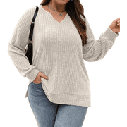 SOMER Woman Blouses Plus Size Tops V Neck Ribbed Casual Long Sleeve Loose Pullover Tunic Shirts