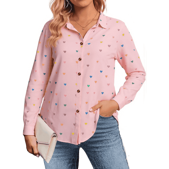 SOMER Womens Tops Fall Long Sleeve Blouse Heart Print Casual Button Down Shirts Collared Plus Size Tops Blue