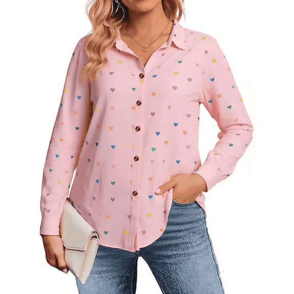 SOMER Womens Tops Fall Long Sleeve Blouse Heart Print Casual Button Down Shirts Collared Plus Size Tops Blue
