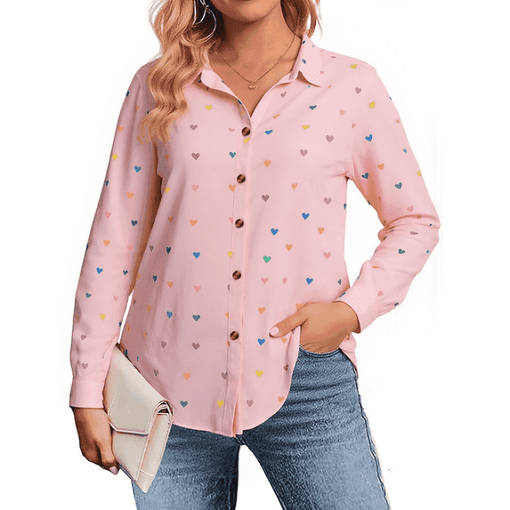 SOMER Womens Tops Fall Long Sleeve Blouse Heart Print Casual Button Down Shirts Collared Plus Size Tops Blue