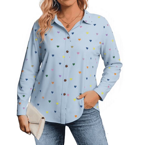SOMER Womens Tops Fall Long Sleeve Blouse Heart Print Casual Button Down Shirts Collared Plus Size Tops Blue