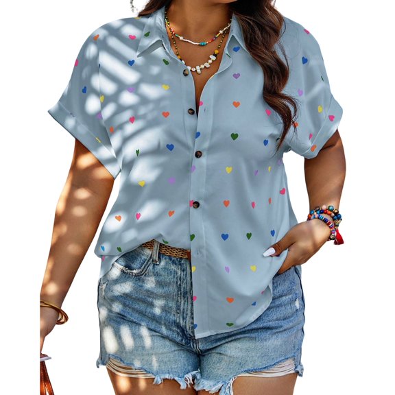 SOMER Woman Blouse Plus Size Short Sleeve Casual Tops Heart Print Button Down Shirts For Women
