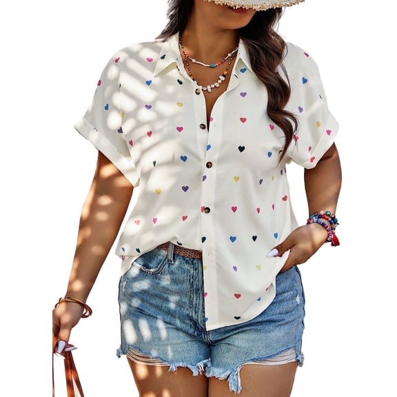 SOMER Woman Blouse Plus Size Short Sleeve Casual Tops Heart Print Button Down Shirts For Women