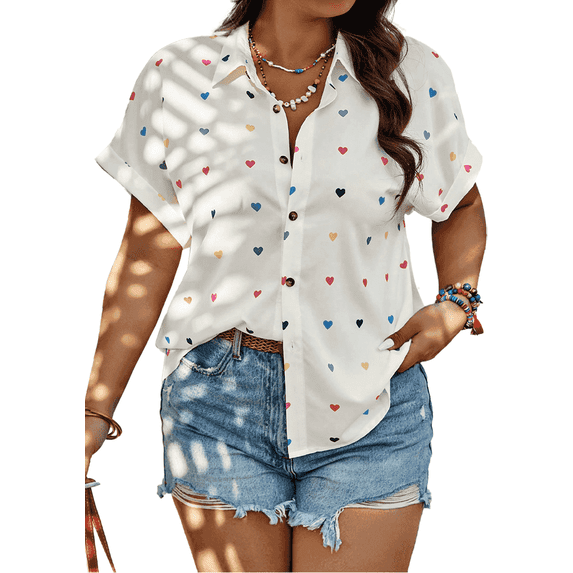 SOMER Plus Size Button Down Shirts for Women Blouses Short Sleeve V Neck Cute Heart Print Shirts Casual Summer Vacation Tops Loose Fit White 2XL
