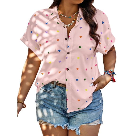 SOMER Woman Blouse Plus Size Short Sleeve Casual Tops Heart Print Button Down Shirts For Women