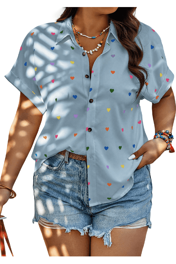 Plus Size Button Down Shirts for Women Blouses Short Sleeve V Neck Cute Heart Print Shirts Casual Summer Vacation Tops Loose Fit Blue XL