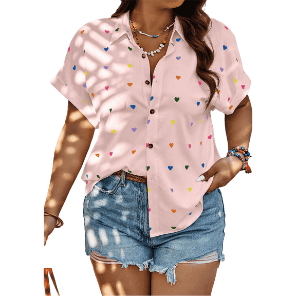 SOMER Plus Size Button Down Shirts for Women Blouses Short Sleeve V Neck Cute Heart Print Shirts Casual Summer Vacation Tops Loose Fit Pink XL