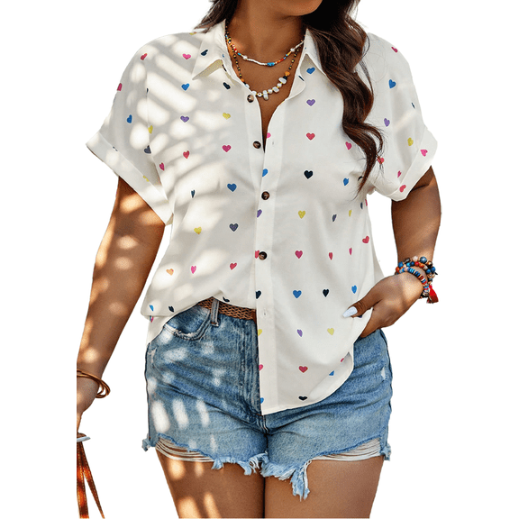 SOMER Plus Size Button Down Shirts for Women Blouses Short Sleeve V Neck Heart Print Shirts Casual Summer Vacation Tops Loose Fit White XL