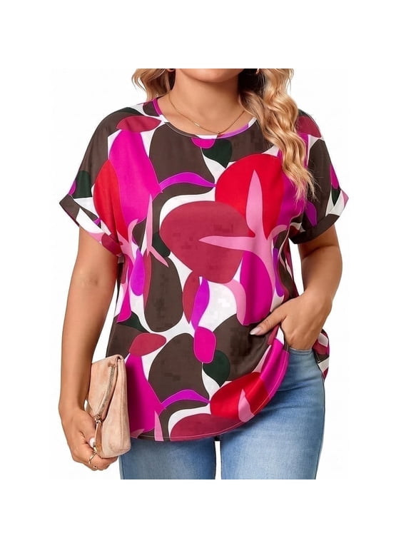 Woman Plus Size Tops Short Sleeve Blouses Casual Printing T Shirts Loose Summer Top
