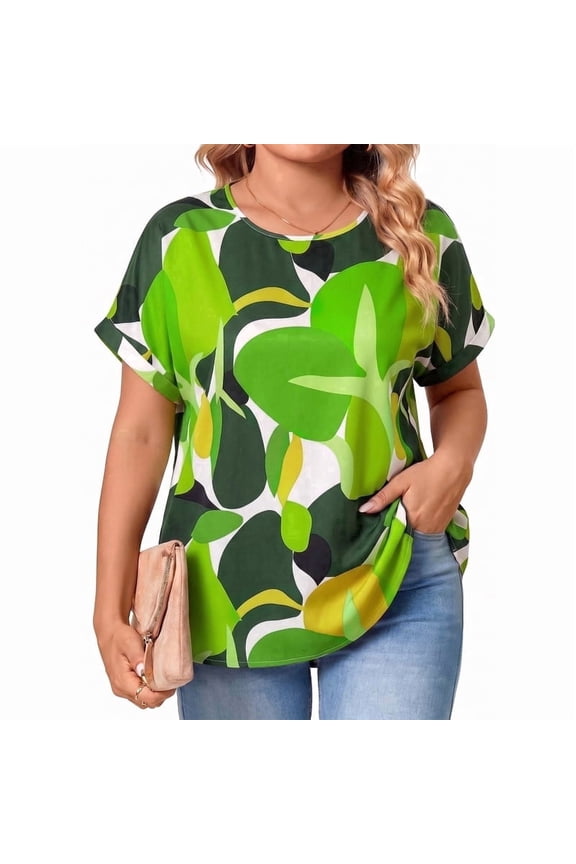 Woman Plus Size Tops Short Sleeve Blouses Casual Printing T Shirts Loose Summer Top