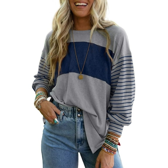 SOMER Womens Plus Size Tops, Oversized Long Sleeve Shirts for Women Crewneck Casual Women Blouses Color Block Loose Plus Size Tops Fall 2025