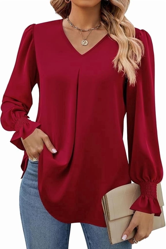 Blouses for Women Dressy Casual Ruffle Chiffon Long Sleeve Tops V Neck Loose Chiffon Work Blouse with Smocked Cuffs 2025