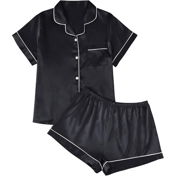 SOMER 2 Piece Pajama Set For Women Silk Satin Lounge Pjs Shorts Matching Summer Sleepwear Button Down Shirt Shorts Black.