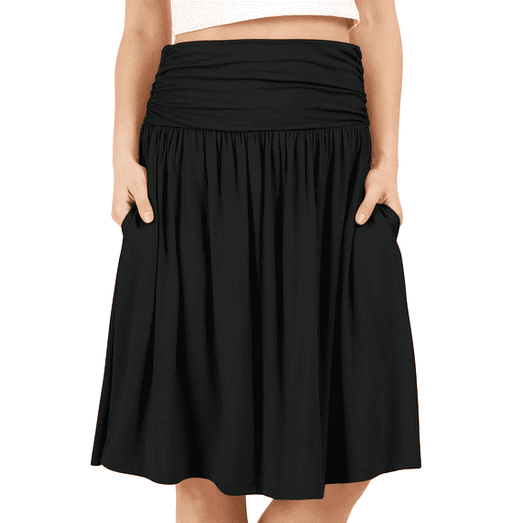 SOMER Skirts for Women Knee Length A-Line High Waisted Ruched Flowy Casual Midi Skirt with Pockets Spring 2026 Black