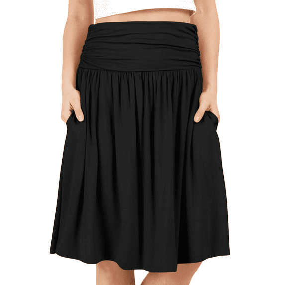 SOMER Skirts for Women Knee Length A-Line High Waisted Ruched Flowy Casual Midi Skirt with Pockets Spring 2026 Black