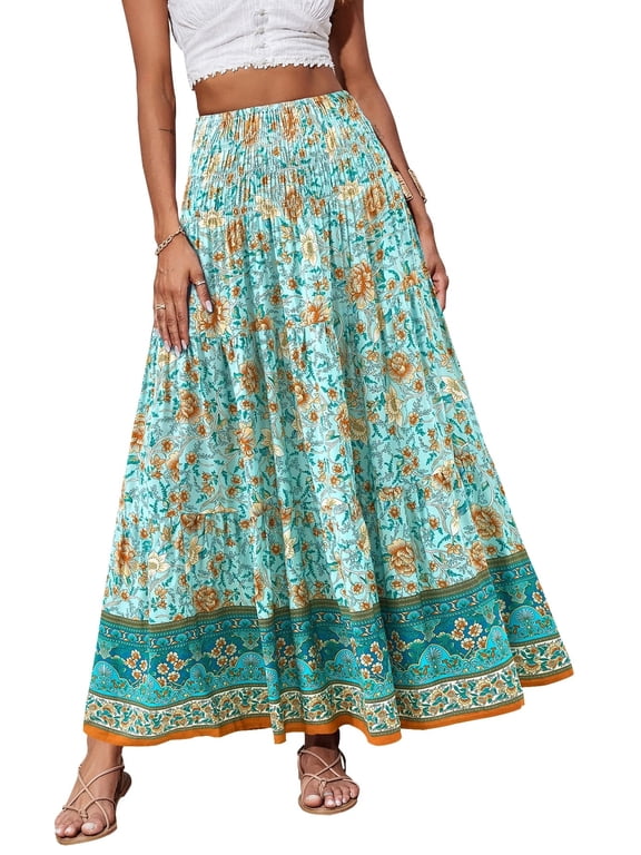 Skirts for Women Maxi Skirts Bohemian Flowy High Waist A Line Skirts Summer Pleated Floral Green Apricot 2XL