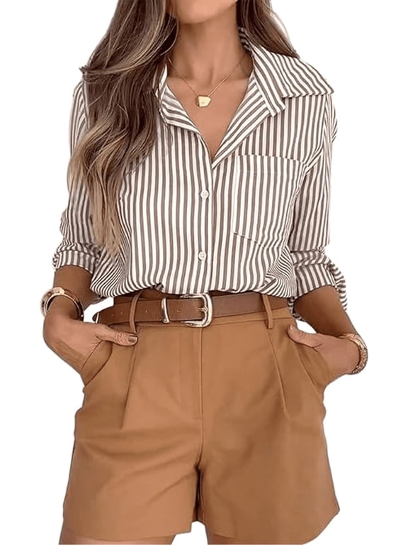 Striped Button Down Shirts for Women Dress Shirts Long Sleeve Shirts Casual Collared Office Work Shirt with Pocket