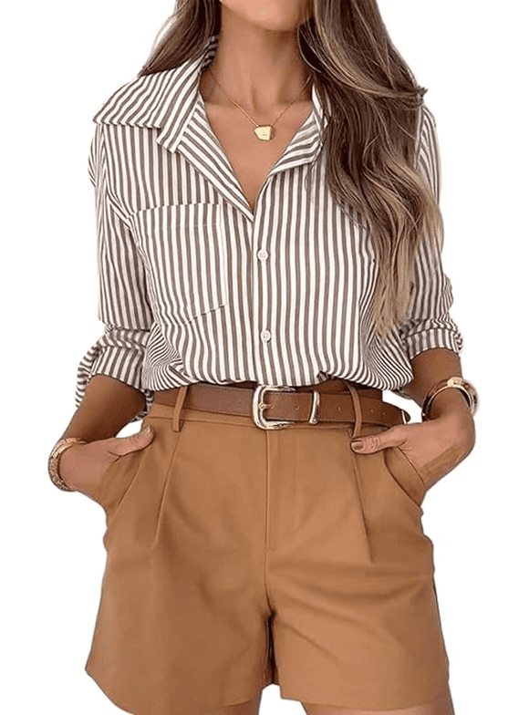 Striped Button Down Shirts for Women Dress Shirts Long Sleeve Shirts Casual Collared Office Work Shirt with Pocket