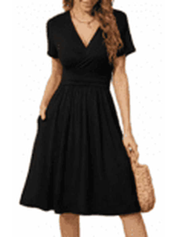 Summer Dress for Women Short Sleeve Casual Mini Sundress V Neck with Pocket High Waist A-Line Flowy Dress Beach Vacation Black M