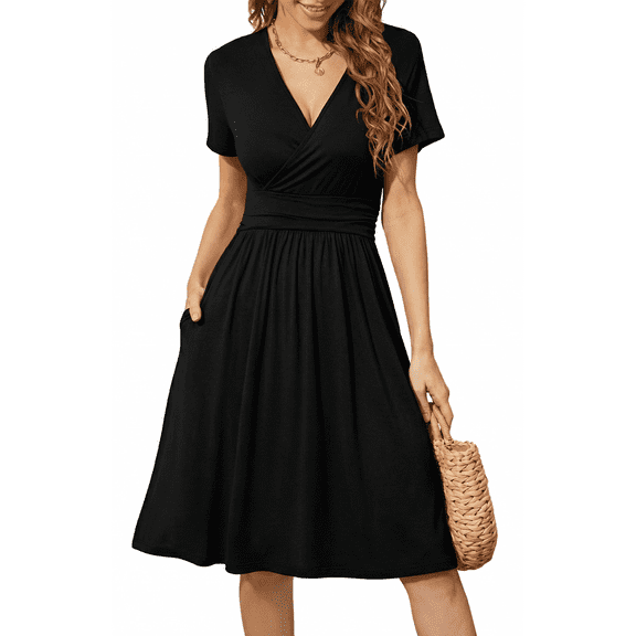 SOMER Summer Dress for Women Short Sleeve Casual Mini Sundress V Neck with Pocket High Waist A-Line Flowy Dress Beach Vacation Black XL