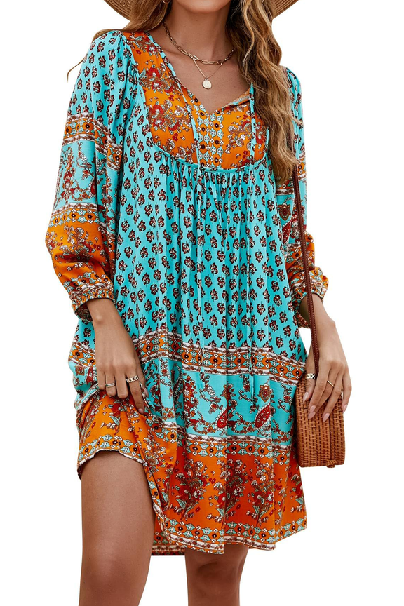 Dresses for Women Summer Midi Dresses Boho V Neck 3/4 Sleeve Babydoll Floral Print Casual Flowy Dress Beach Vacation 2026 Spring Blue